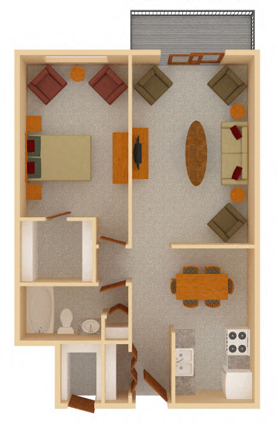 Floor plan for 1 bed, 1 bath, 850 sqft